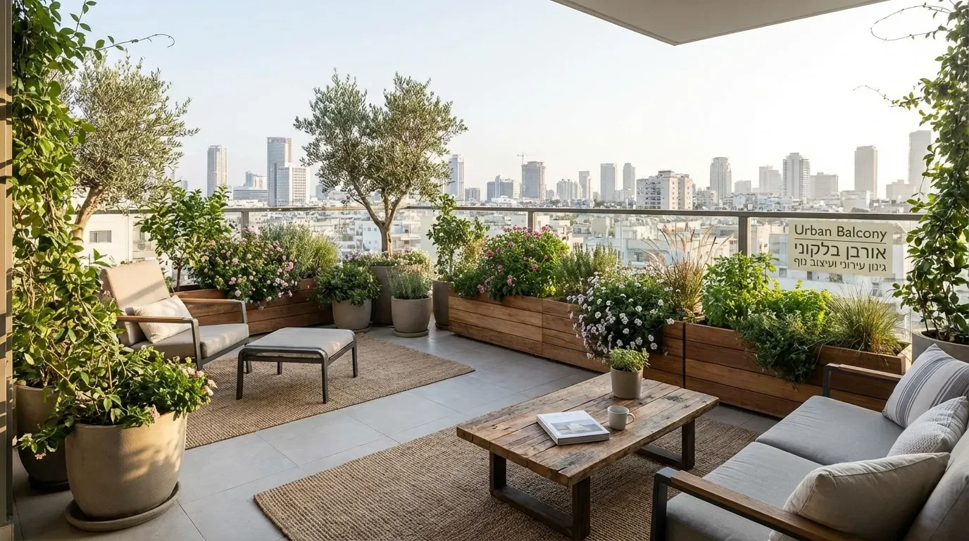 מרפסת עירונית מעוצבת עם גינה ירוקה מלאה בצמחים