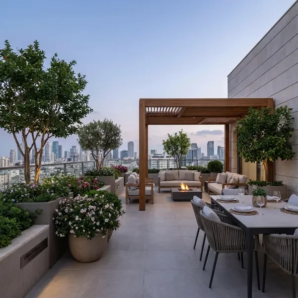 גינת גג יוקרתית עם עיצוב נוף מתוחכם